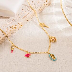 14K Gold Barbie Theme Mismatched Pendants Charms Necklace (Barbie Oval Charm)